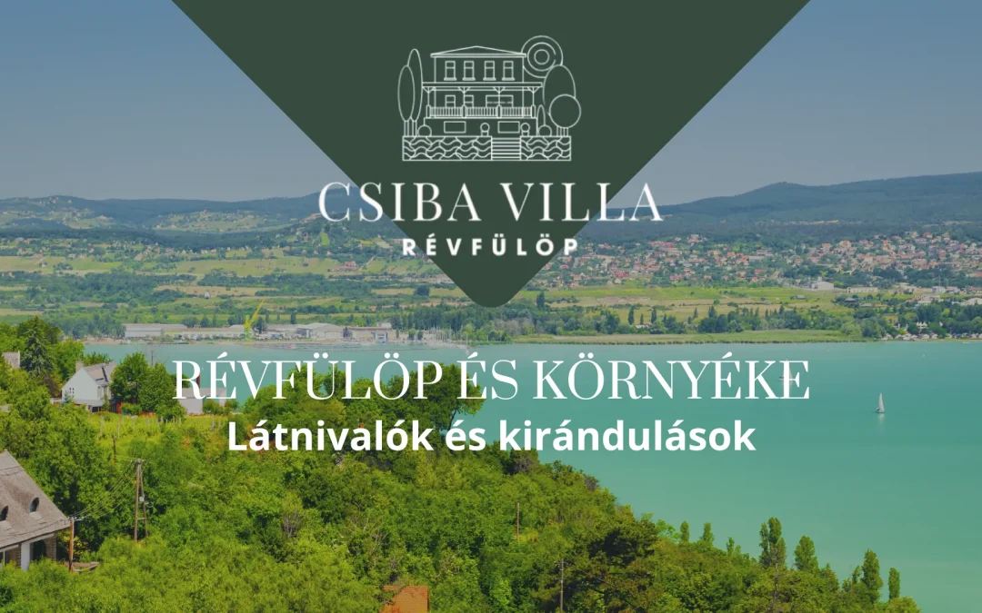 A Révfülöpön található Csiba Villa illusztrációja, panorámás tájjal körülvéve, beleértve a zöldellő dombokat és a Balatont. A magyar nyelvű szöveg „Révfülöp és környéke, Látnivalók és kirándulások”, azaz „Révfülöp és környéke, Látnivalók és kirándulások”.